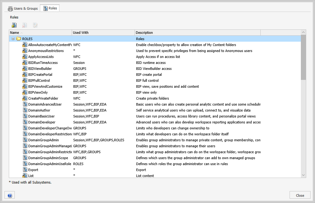 The Security Center Roles tab