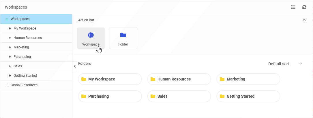 The WebFOCUS Home Page, Action Bar with the Domain Action Button selected under the Create New label.