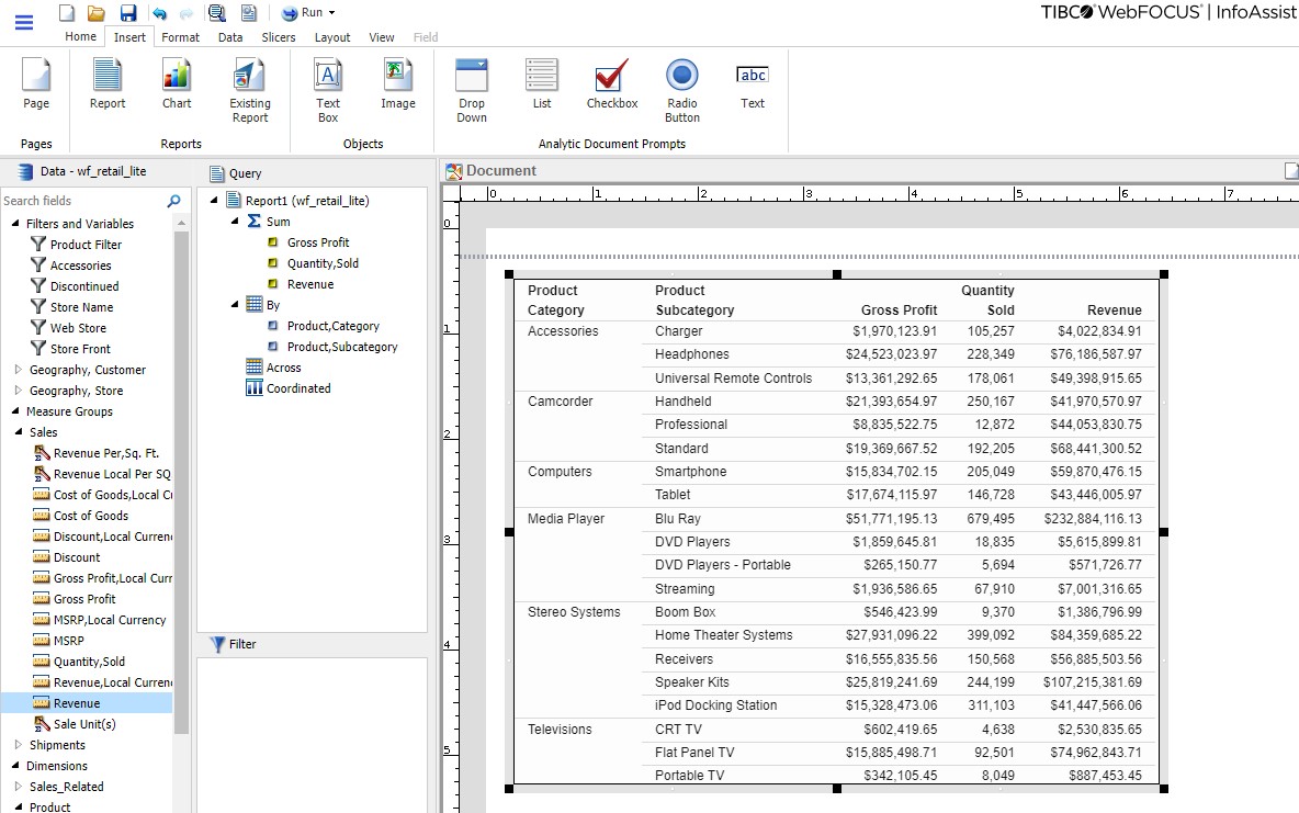Report in a document