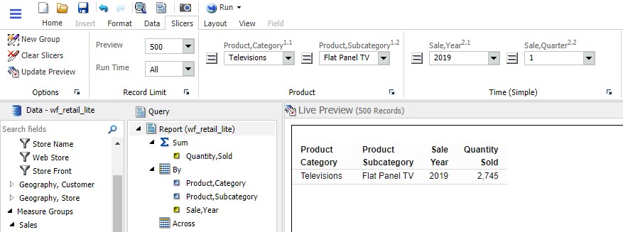 Report Filtered to Show Flat Panel TVs sold in 1Q 2019