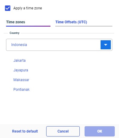 Time Zone dialog with time zones in Kazakhstan