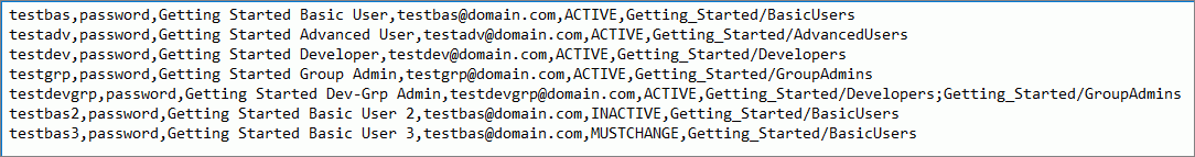 The getting started sample user import text file containing user records