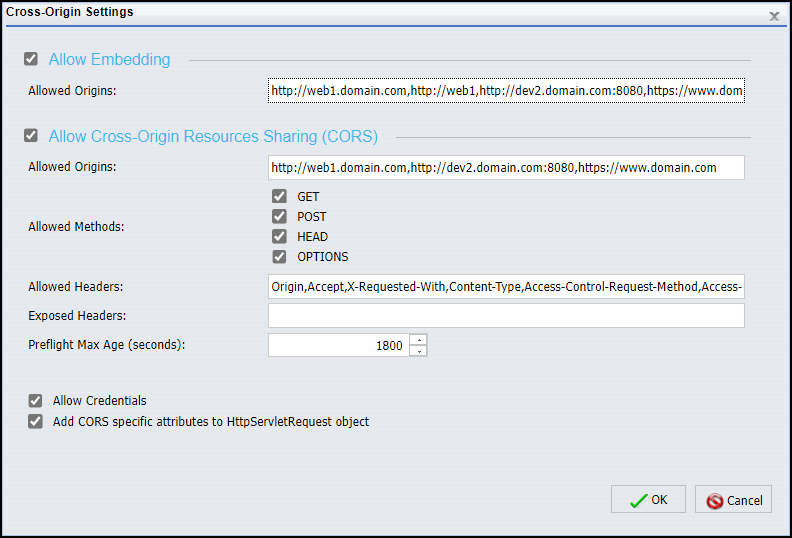 The Cross-Origin Settings dialog box with the default settings for all fields and check boxes.