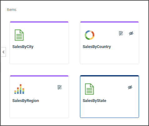 The Items panel of the Content view showing report and chart items in their various conditions.