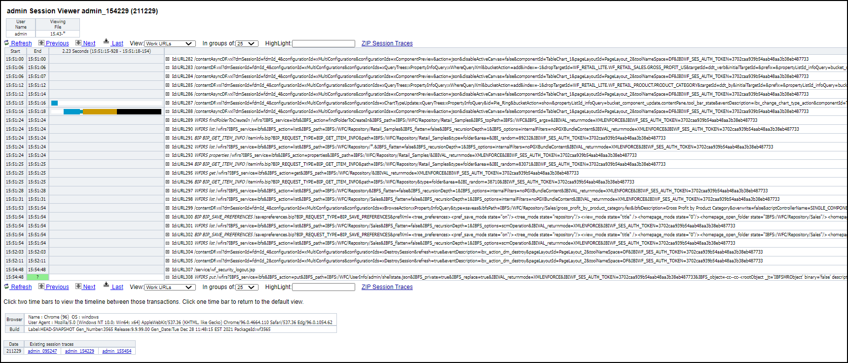 The session details page highlighting the time line between two selected trace entries.