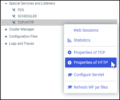 The TCP/HTTP node shortcut menu, with Properties of TCP highlighted.
