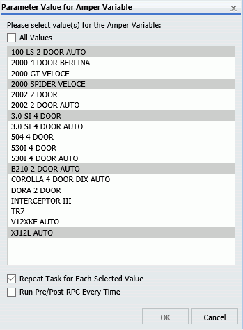 An image showing the Parameter Value for Amper Variable dialog box. Five values from the MODEL parameter are selected.