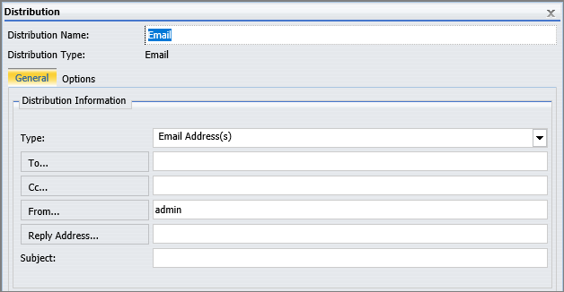 The Distribution: Email tab of the ReportCaster Advanced Schedule window, displaying the CC box in the Distribution Information group.