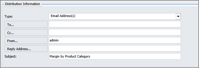 The Distribution: Email tab of the ReportCaster Basic Schedule window, displaying the CC box in the Distribution Information group.