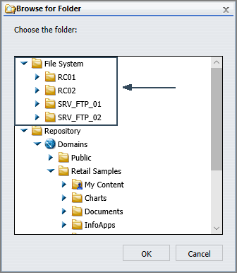 The Browse for Folder dialog box showing a list of distribution directory folders under the File System folder.