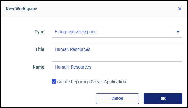 The New Workspace dialog box with a new domain title.