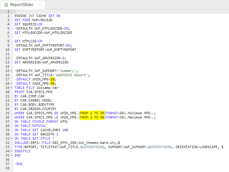 Setting slider range and defaults in text editor
