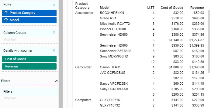 Report using List/Detail with counter option and sort fields