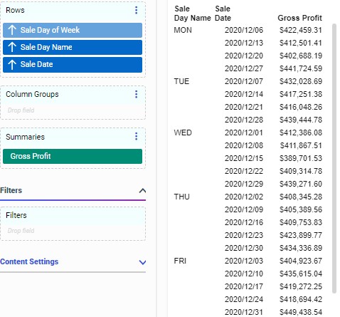 report sorted by an invisible day of week number field, which sorts the day names into chronological order