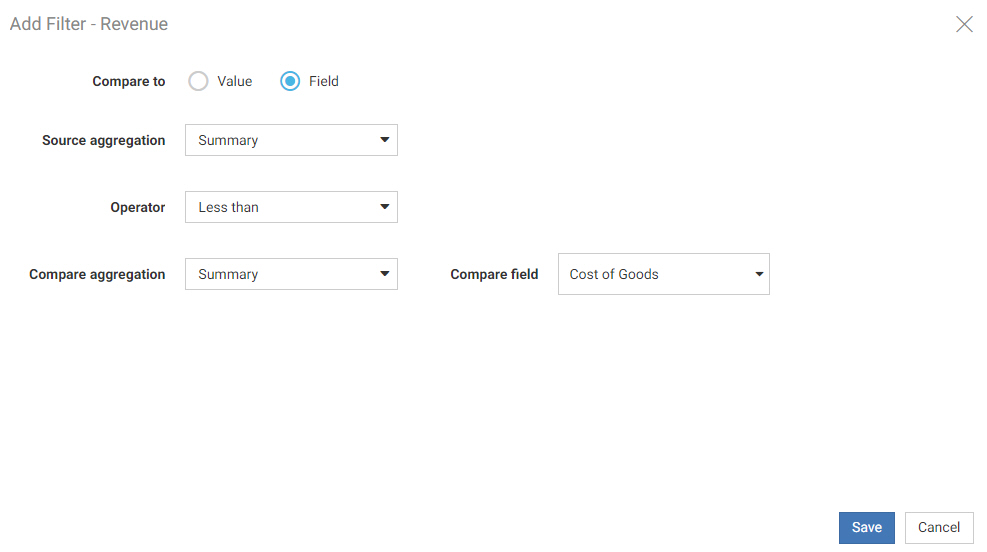 Add Filter dialog box when comparing to another field