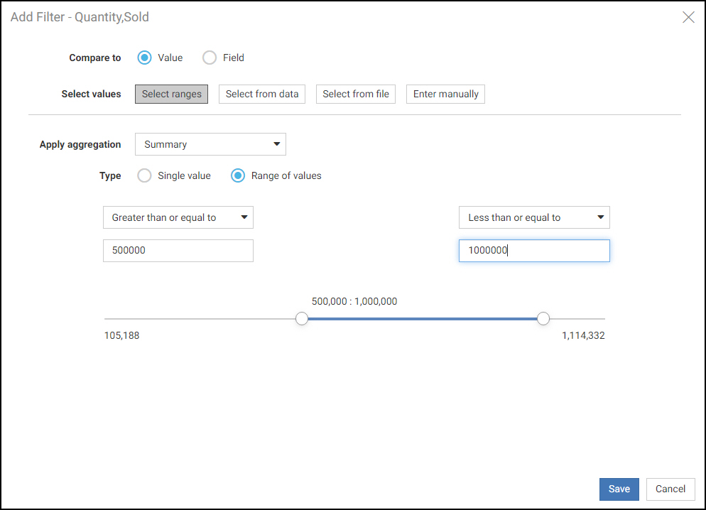 Add Filter dialog for numeric field