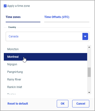 Time Zone dialog with time zones in Kazakhstan