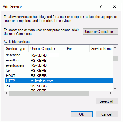 The Add Services dialog box showing HTTP selected from a list of available services.