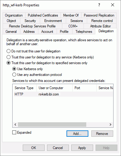 The properties dialog box with constrained delegation configured and the service account on the Reporting Server/Server delegated.