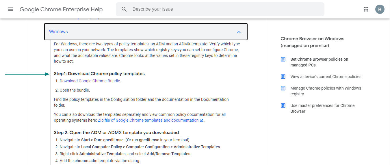 The Install and configure Chrome policy templates section heading, on the Set Chrome Browser policies on managed PCs Google Chrome Enterprise Help page.