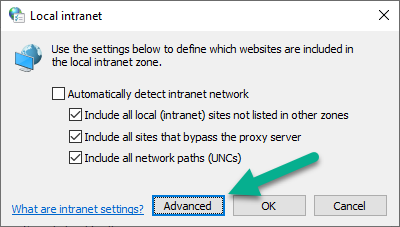 The Local Intranet dialog box with the Advanced button selected.