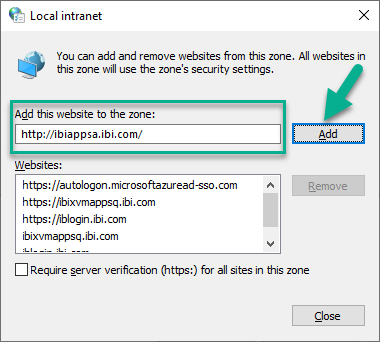 The local intranet dialog box that contains advanced settings with a website name selected for addition to the list of websites included in the local intranet zone.
