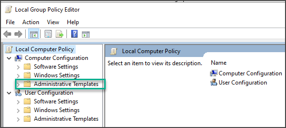 The Local Group Policy Editor navigation menu with the Administrative Templates folder selected