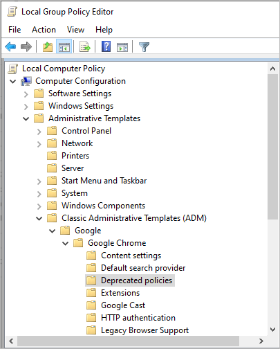 The Local Group Policy Editor Navigation tree showing the new Classic Administration Templates (ADM) folder with the Google Chrome Deprecated policies folder.