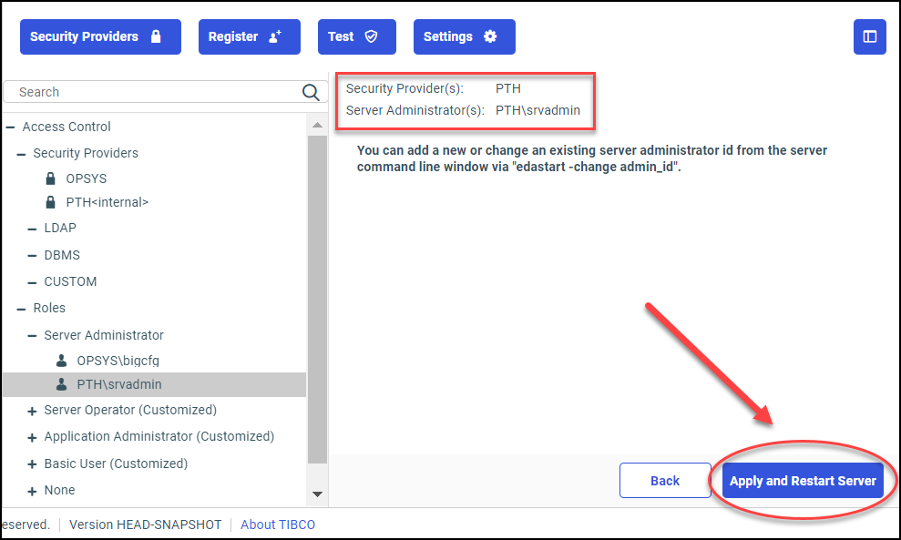 The confirmation page for the new primary security provider including an identification of the Security Administrator.