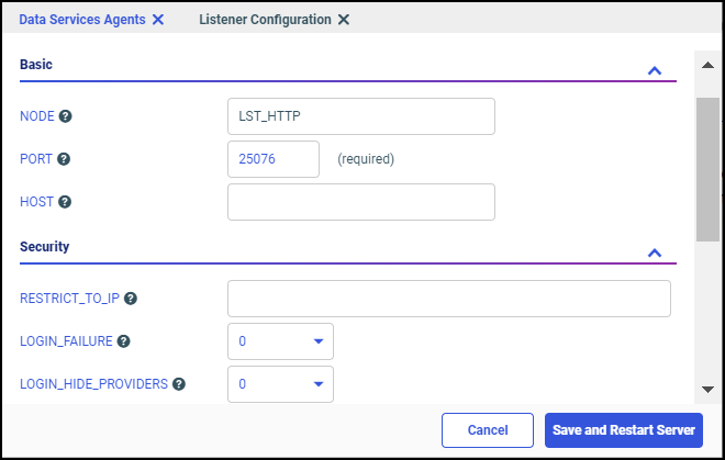 The Listener Configuration page with the name localhost assigned to the HOST field.