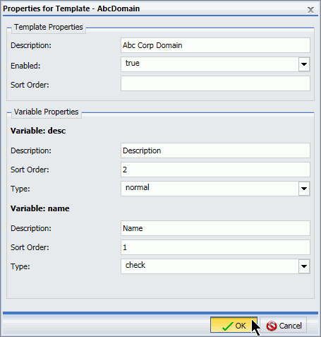 The Properties for Template dialog box.