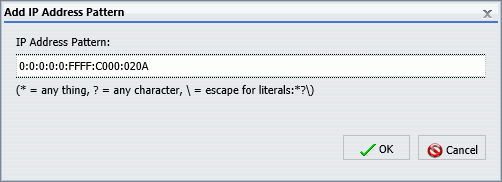 The Add IP Address Pattern dialog box containing an IP Address in IPv6 format in the IP Address Pattern field.