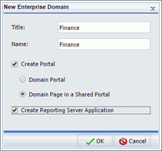 The New Enterprise Domain dialog box with Finance as the Title and Name and with the Create Portal, Domain page in a Shared Portal, and Create Reporting Server/Server Applications options selected.