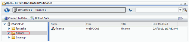 The Open dialog box displaying the finance folder under the EDASERVE node.