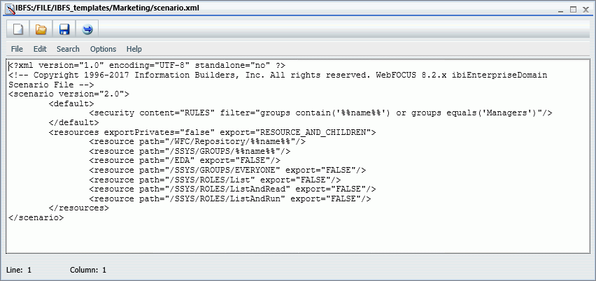 The text editor displaying the contents of the scenario.xml file, with the Security and Resources section contents visible.