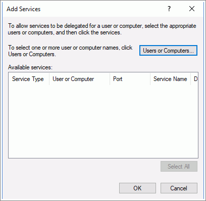 The Add Services dialog box for Kerberos delegation in Active Directory.