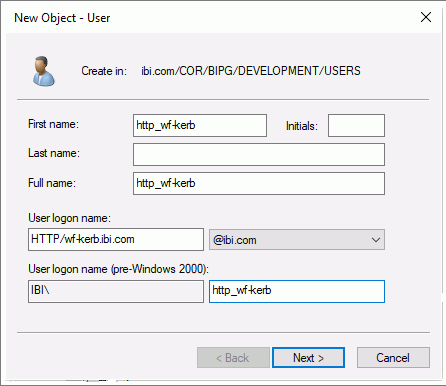 The New Object-User dialog box in the Windows Server Administrator interface, showing the User Logon Name and User logon name (pre-Windows 2000)