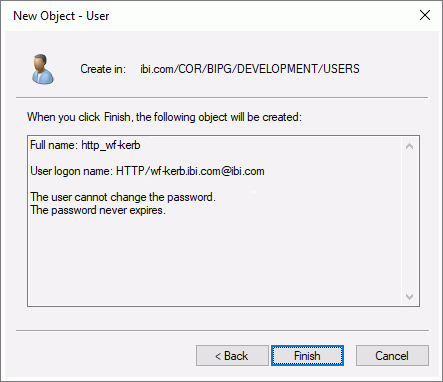 The final page of the Active Directory New Object - User wizard summarizing the new service account user details.