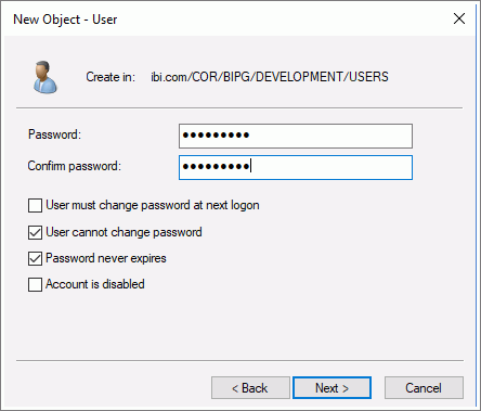 The create user password page of the New Object - User wizard.