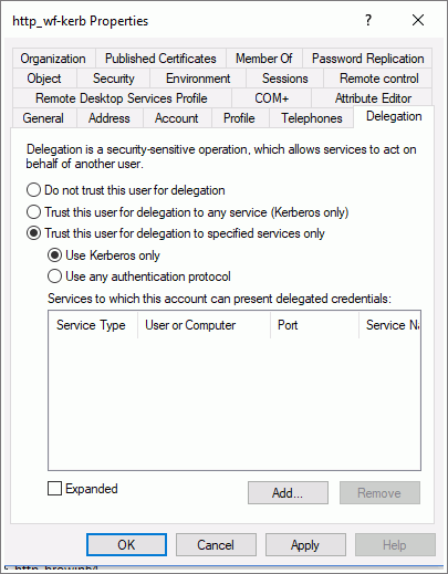 The user properties dialog box configured for unconstrained delegation.