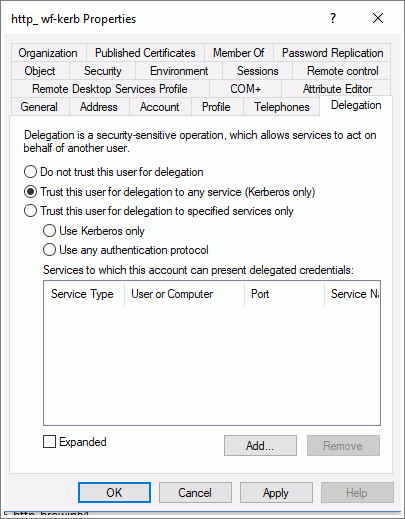 The active directory user properties dialog box default configuration for unconstrained delegation.