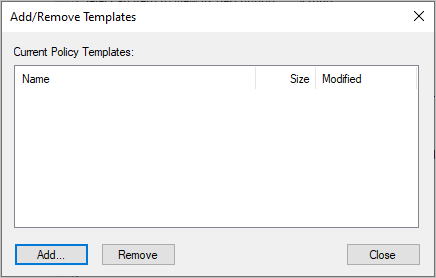 The blank Add/Remove Templates dialog box with the Add, Remove and Close buttons.