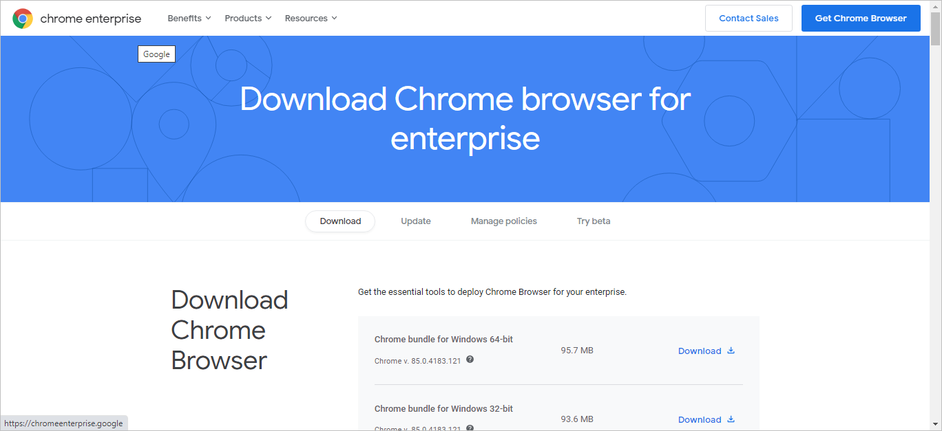 The Download Chrome Bowser Page with the list of Chrome bundles for various operating systems.