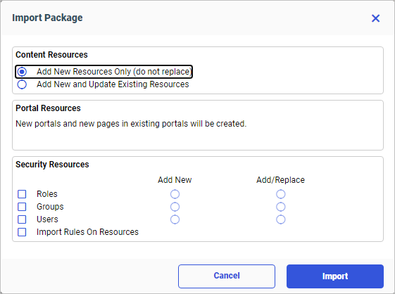 The Import Package dialog box showing the two Content Resources, Portal Resources, and Security Resources sections.