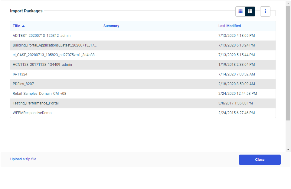 The Import Packages dialog box with the Upload a Zip File link