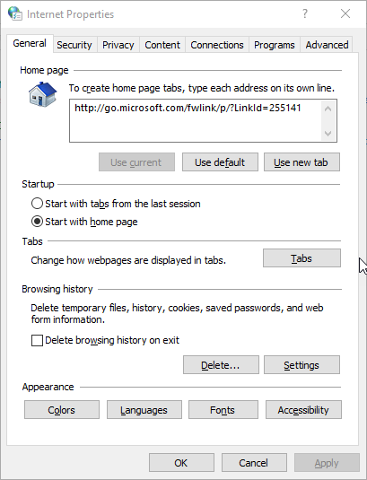 The Internet Properties dialog box, with the default display of the General tab.