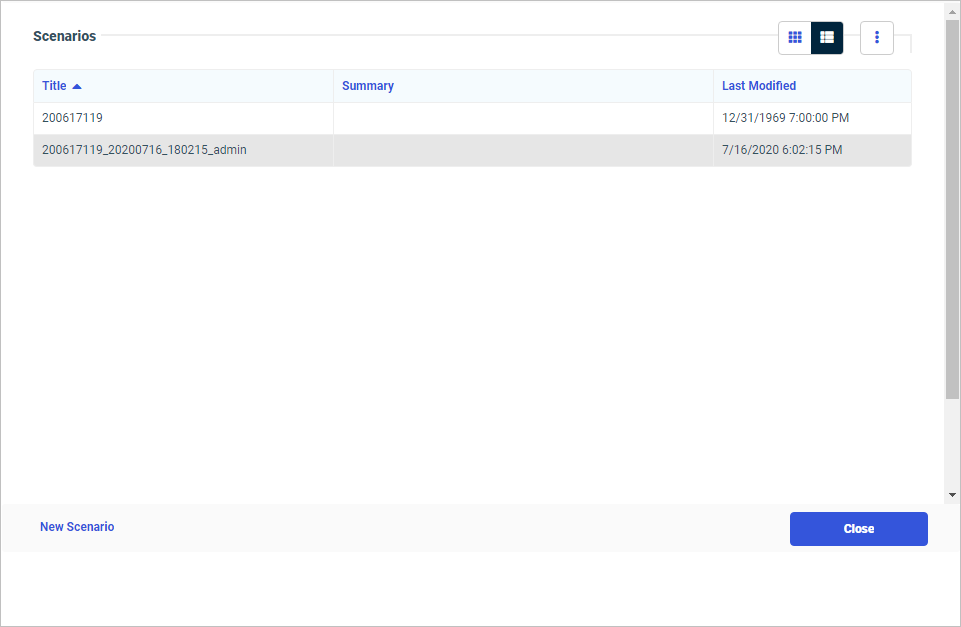 The Scenarios dialog box, containing a list of existing change management scenarios and the New Scenario link.