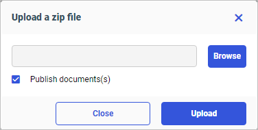 The Upload a zip file dialog box with the Name field and the Upload button.