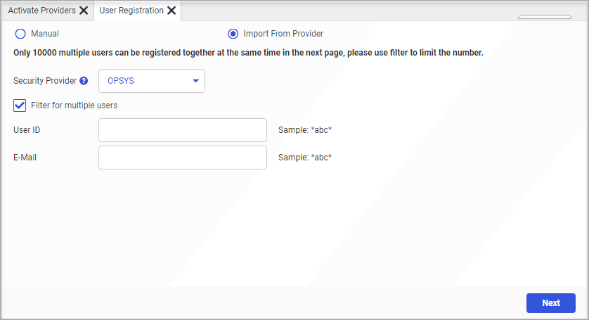 The User Registration page, displaying the Provider, the User ID, and the Password fields.