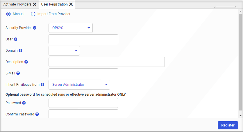 The manual version of the User Registration tab for the PTH Internal security provider.